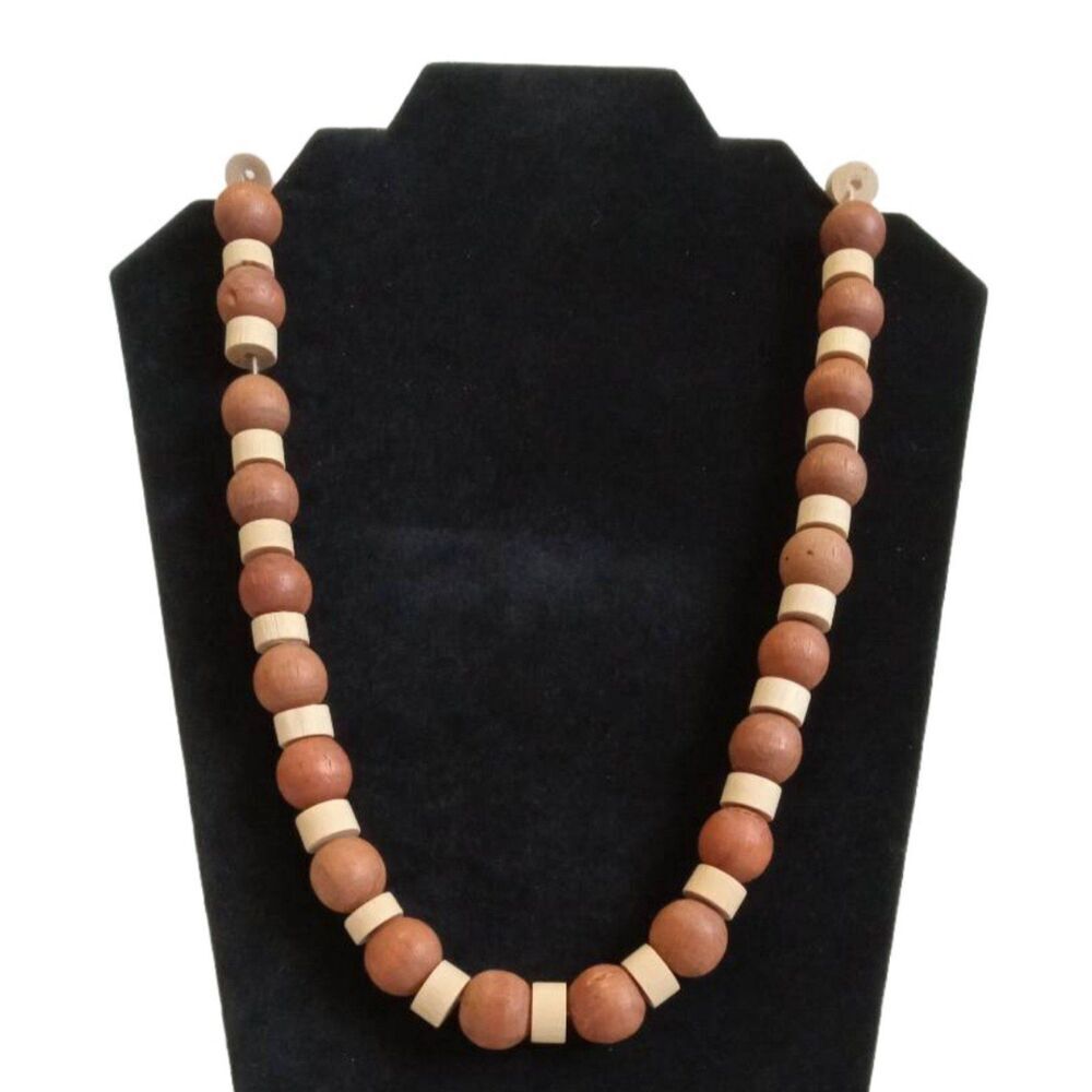 Brown Tan Round Cylinder Wooden Beads Single Strand Bohemian Fashion Necklace